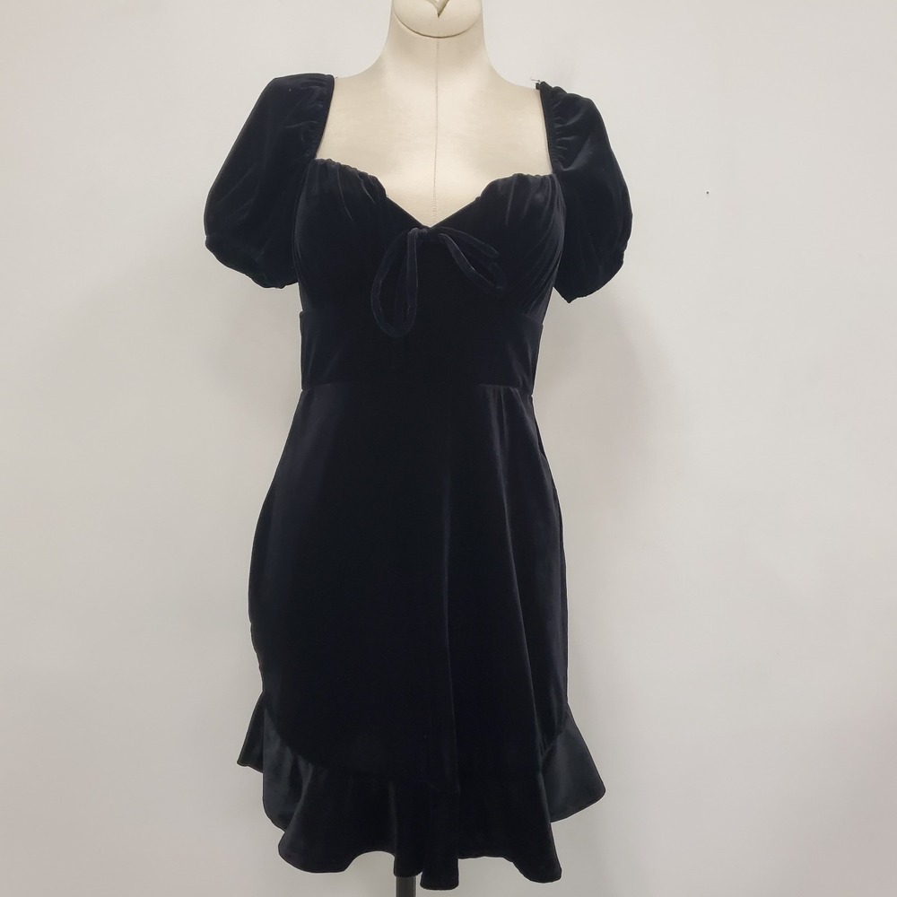 B Darlin Womens Velvet Babydoll Puff Sleeve Ruffle Milkmaid Dress Size 1/2 Black